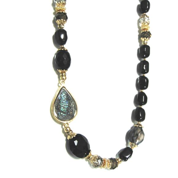 NEW Sara Bella Black Onyx Glass Bead NECKLACE 34" Adj Mother Of Pearl Nordstrom - Picture 6 of 11